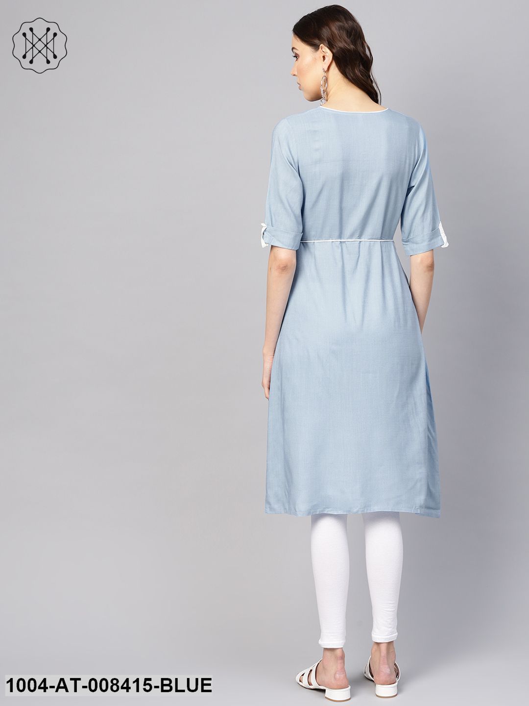 Blue EmbroideredRound Neck Hald Sleeves Kurta Dress