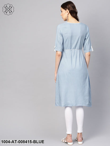Blue EmbroideredRound Neck Hald Sleeves Kurta Dress