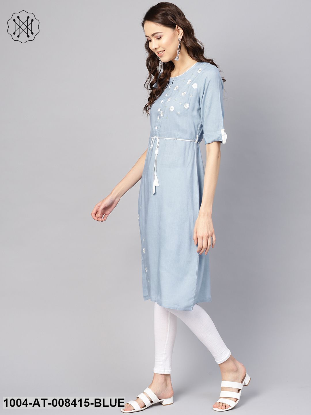 Blue EmbroideredRound Neck Hald Sleeves Kurta Dress