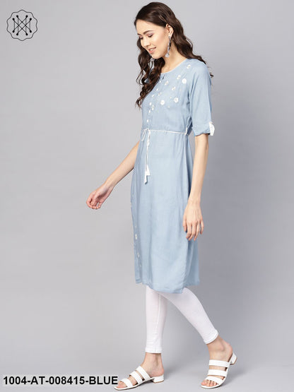 Blue EmbroideredRound Neck Hald Sleeves Kurta Dress