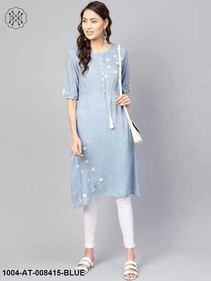 Blue EmbroideredRound Neck Hald Sleeves Kurta Dress