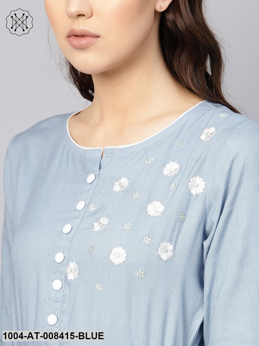 Blue EmbroideredRound Neck Hald Sleeves Kurta Dress