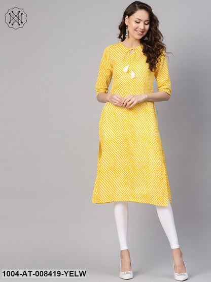 Yellow Leheriya Striped Half Sleeve Straight Cotton Kurta