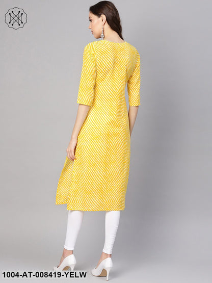 Yellow Leheriya Striped Half Sleeve Straight Cotton Kurta