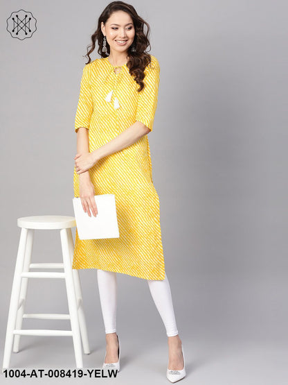Yellow Leheriya Striped Half Sleeve Straight Cotton Kurta
