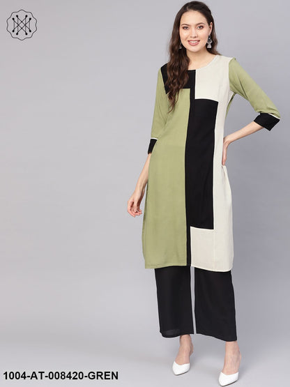 Solid Pista Green And Black Color Blocked 3/4Th Sleeve Rayon Kurta