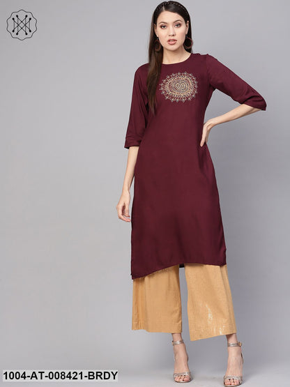 Solid Burgundy 3/4Th Sleeve Rayon Kurta With Embriodery Work At Yoke