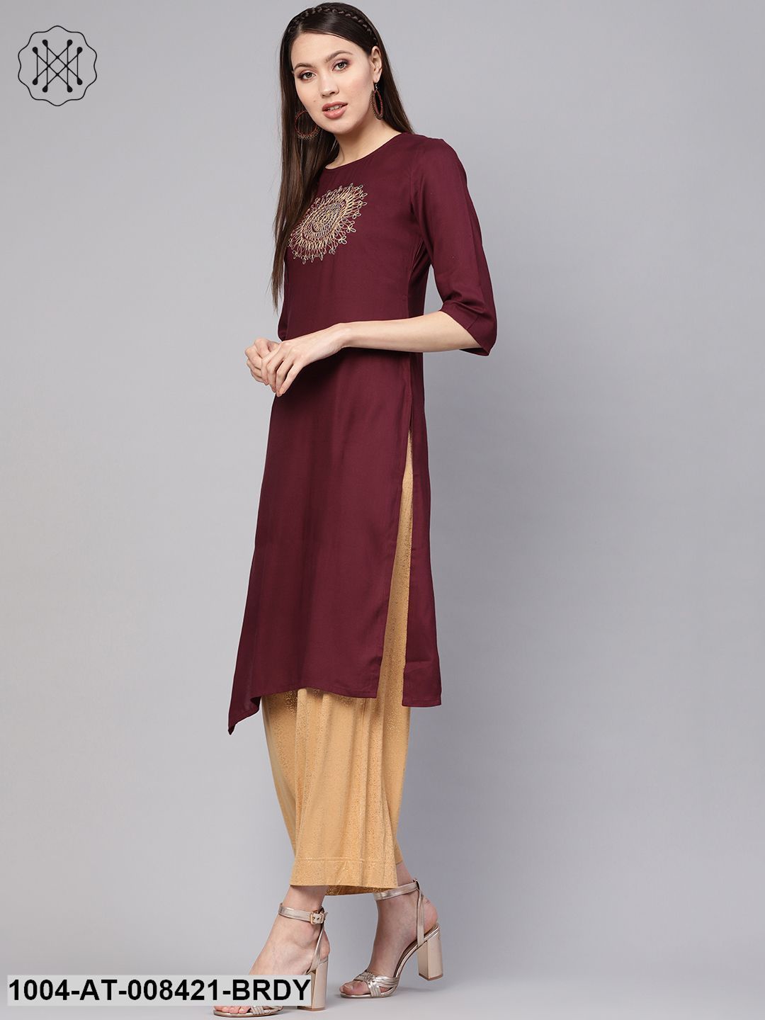 Solid Burgundy 3/4Th Sleeve Rayon Kurta With Embriodery Work At Yoke