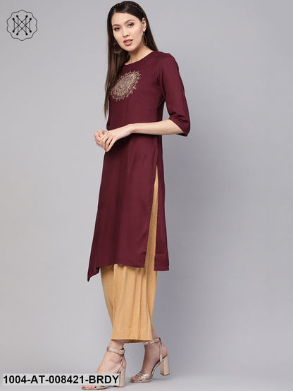 Solid Burgundy 3/4Th Sleeve Rayon Kurta With Embriodery Work At Yoke