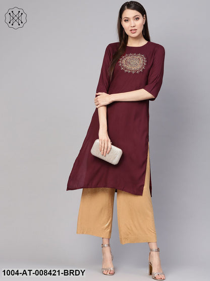 Solid Burgundy 3/4Th Sleeve Rayon Kurta With Embriodery Work At Yoke