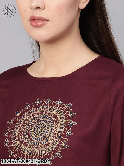 Solid Burgundy 3/4Th Sleeve Rayon Kurta With Embriodery Work At Yoke