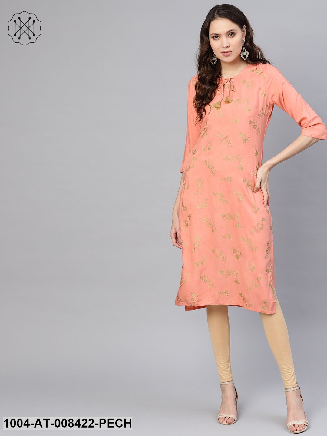 Peach Gold Khari Printed 3/4Th Sleeve Rayon Kurta With Dori Work At Yoke
