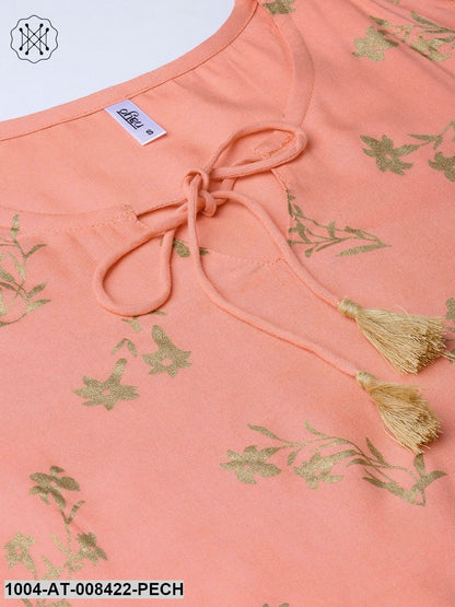 Peach Gold Khari Printed 3/4Th Sleeve Rayon Kurta With Dori Work At Yoke