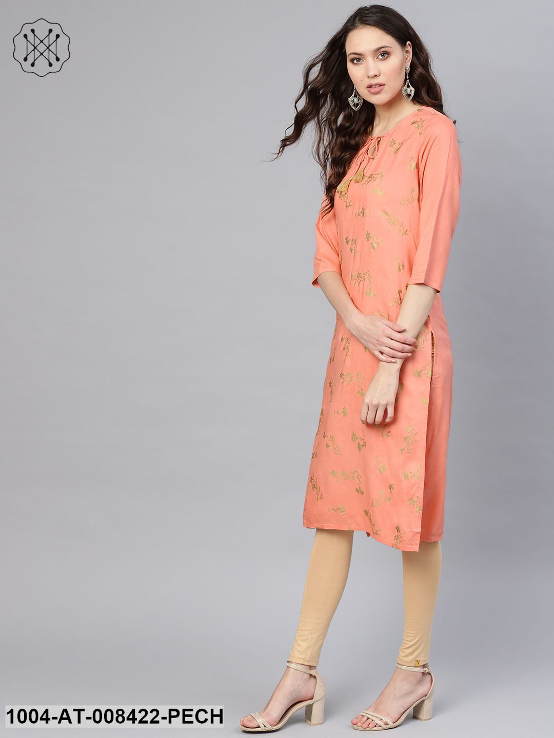 Peach Gold Khari Printed 3/4Th Sleeve Rayon Kurta With Dori Work At Yoke