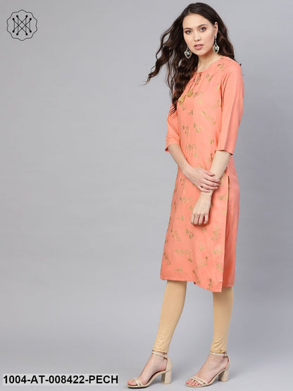 Peach Gold Khari Printed 3/4Th Sleeve Rayon Kurta With Dori Work At Yoke