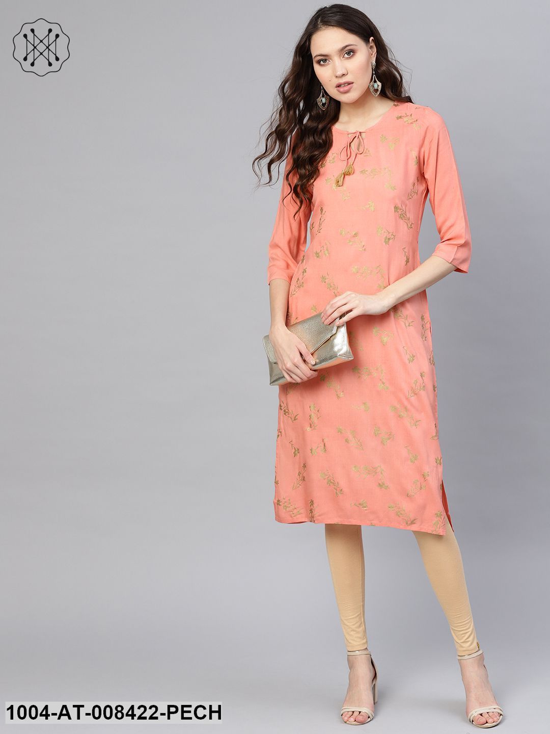 Peach Gold Khari Printed 3/4Th Sleeve Rayon Kurta With Dori Work At Yoke