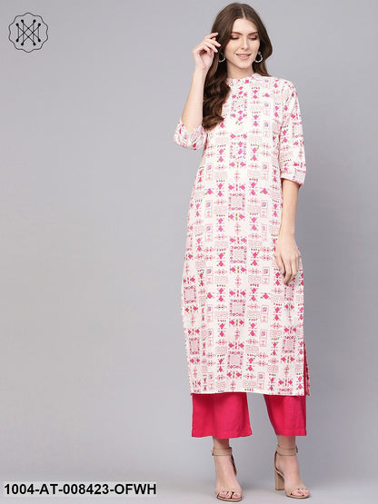 Off White And Pink Printed 3/4Th Sleeve Cotton Kurta