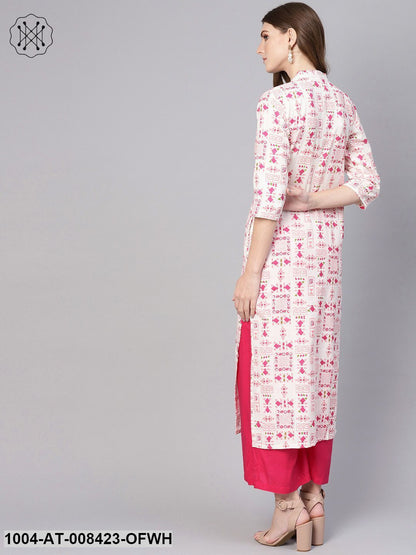 Off White And Pink Printed 3/4Th Sleeve Cotton Kurta