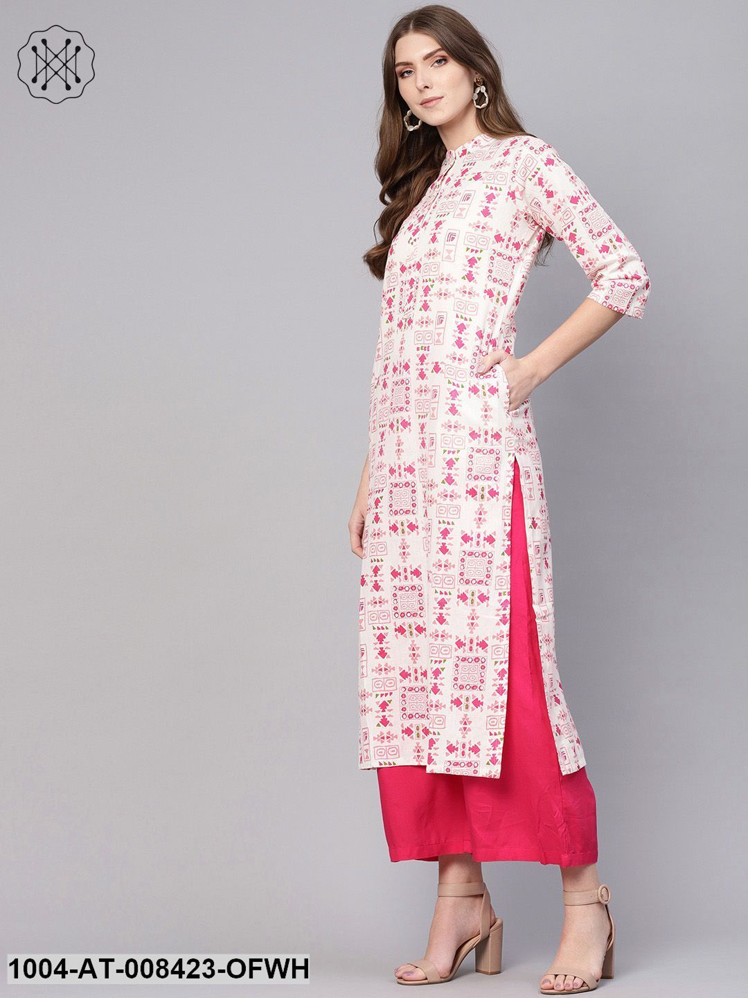 Off White And Pink Printed 3/4Th Sleeve Cotton Kurta