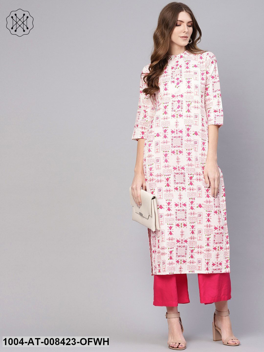 Off White And Pink Printed 3/4Th Sleeve Cotton Kurta
