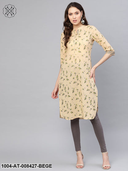 Beige And Green Jaal Printed 3/4Th Sleeve Cotton Kurta