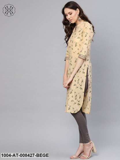Beige And Green Jaal Printed 3/4Th Sleeve Cotton Kurta