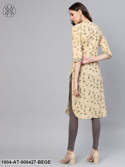 Beige And Green Jaal Printed 3/4Th Sleeve Cotton Kurta