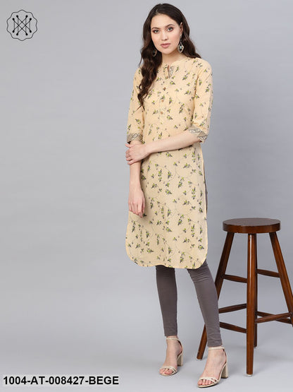 Beige And Green Jaal Printed 3/4Th Sleeve Cotton Kurta