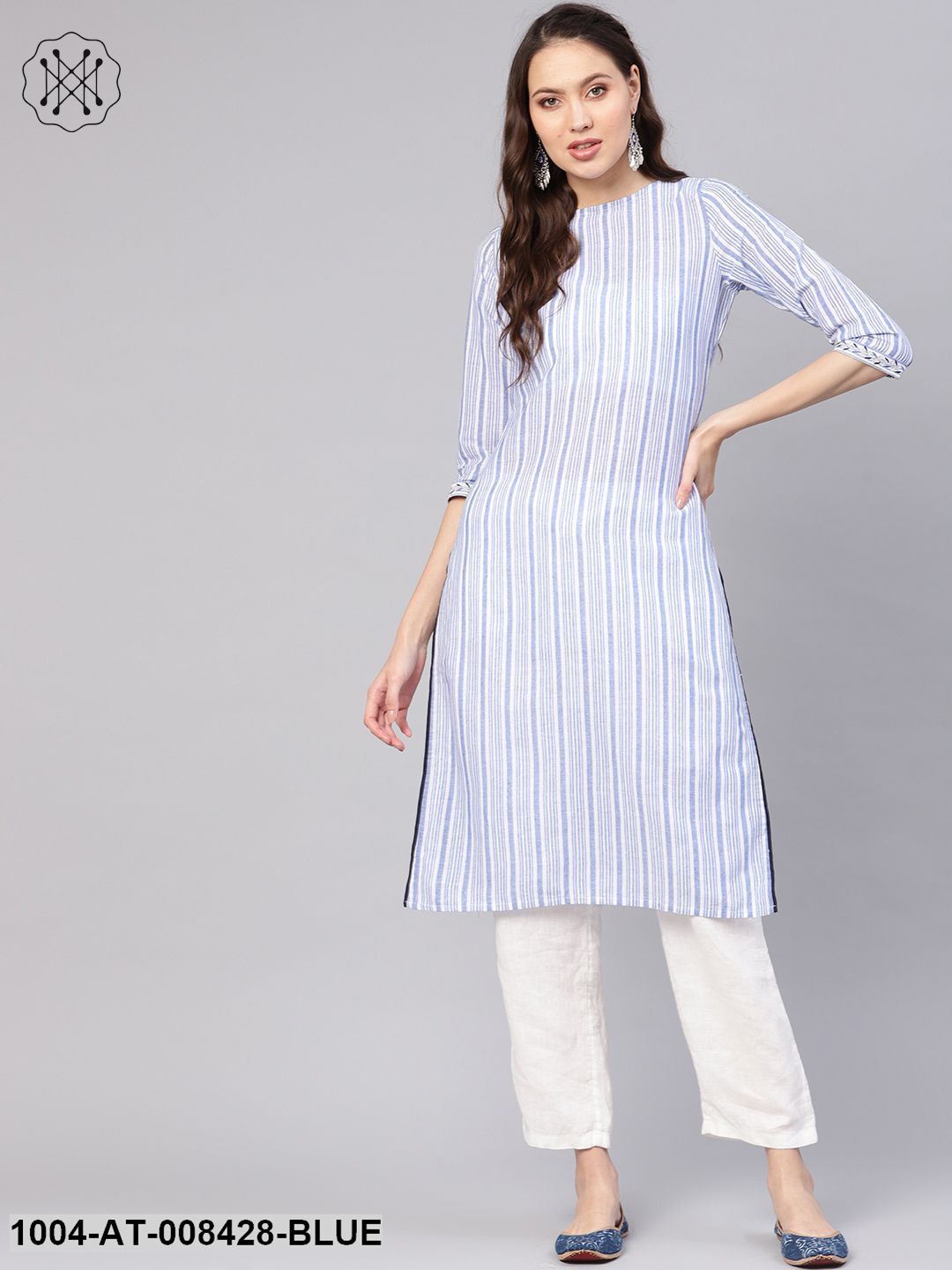 Blue Striped 3/4Th Sleeve Cotton Straight Kurta