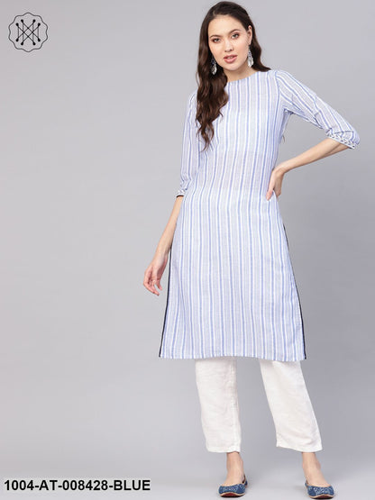 Blue Striped 3/4Th Sleeve Cotton Straight Kurta