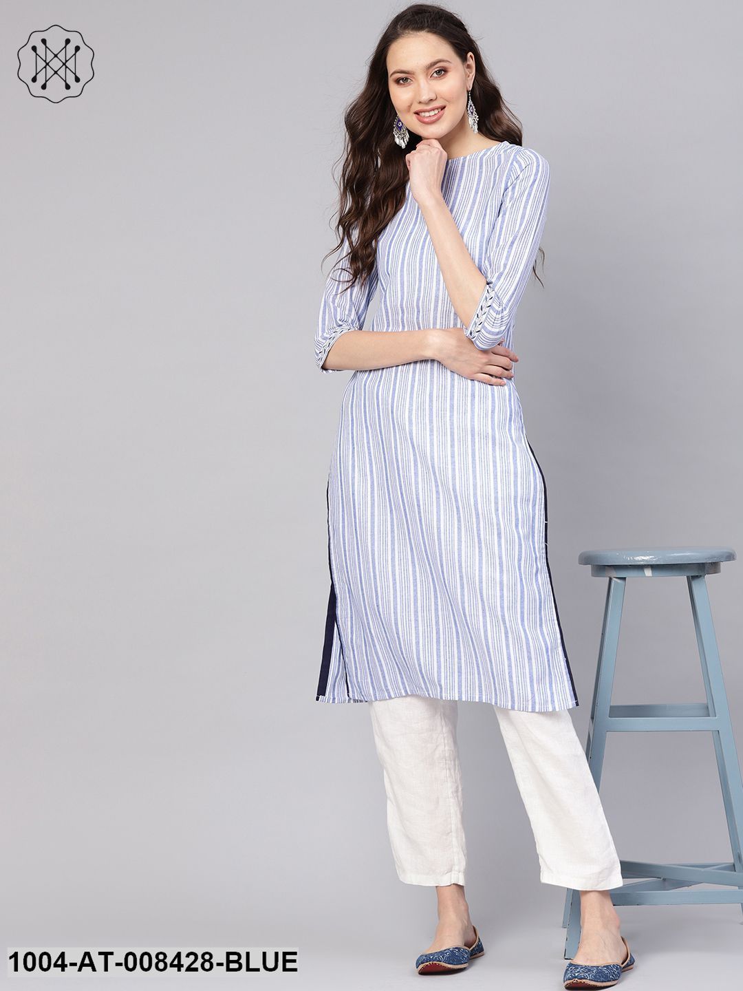 Blue Striped 3/4Th Sleeve Cotton Straight Kurta