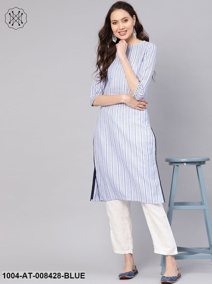 Blue Striped 3/4Th Sleeve Cotton Straight Kurta