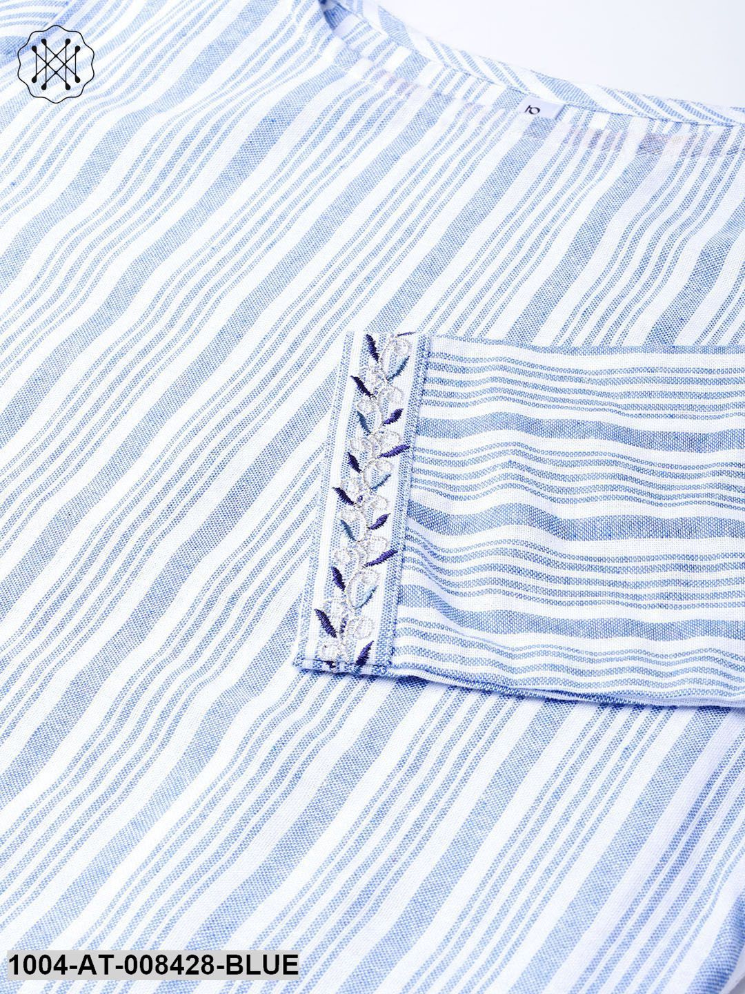 Blue Striped 3/4Th Sleeve Cotton Straight Kurta