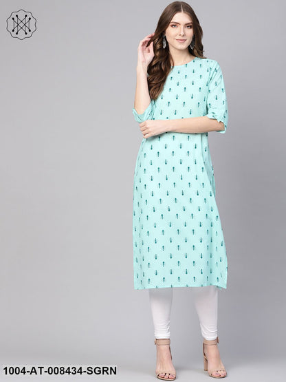 Pastel Green Quirky Printed Round Neck With Back Keyhole And 3/4Th Sleeve Straight Kurta