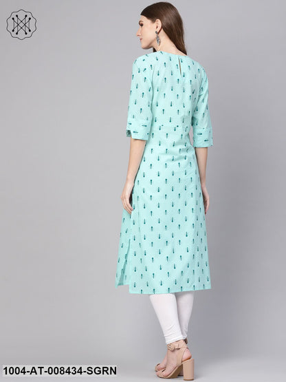 Pastel Green Quirky Printed Round Neck With Back Keyhole And 3/4Th Sleeve Straight Kurta