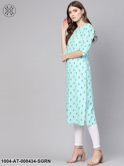 Pastel Green Quirky Printed Round Neck With Back Keyhole And 3/4Th Sleeve Straight Kurta