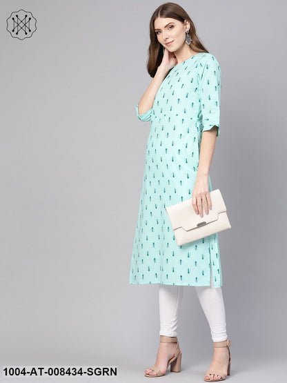 Pastel Green Quirky Printed Round Neck With Back Keyhole And 3/4Th Sleeve Straight Kurta