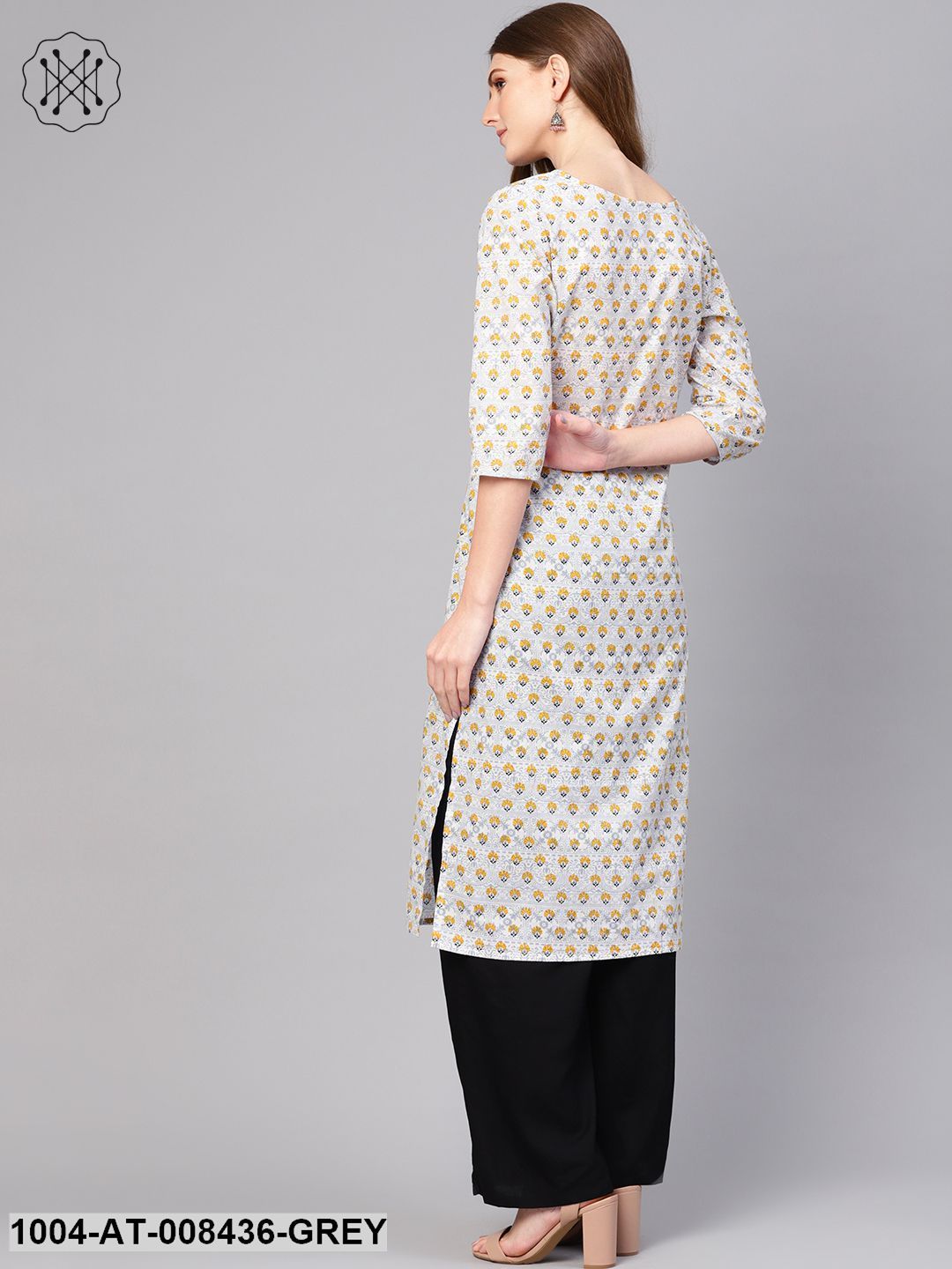 Grey Quirky Printed Boat Neck With A V-Slit Straight Kurta