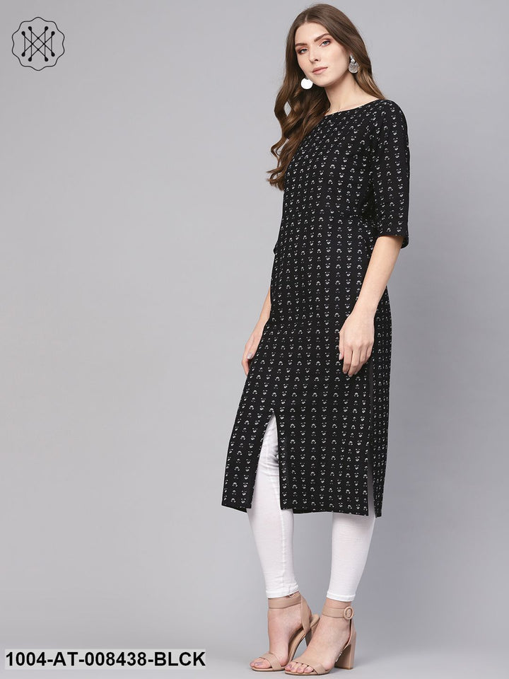 Black Printed Half Sleeves Multi Slit Straight Cotton Kurta