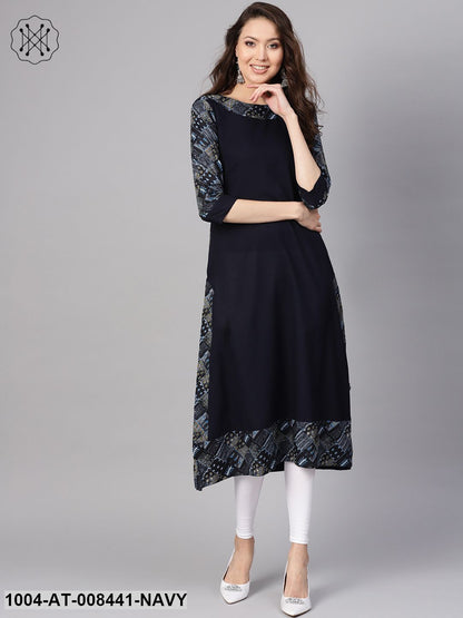 Blue Printed Patch 3/4Th Sleeve Cotton Kurta