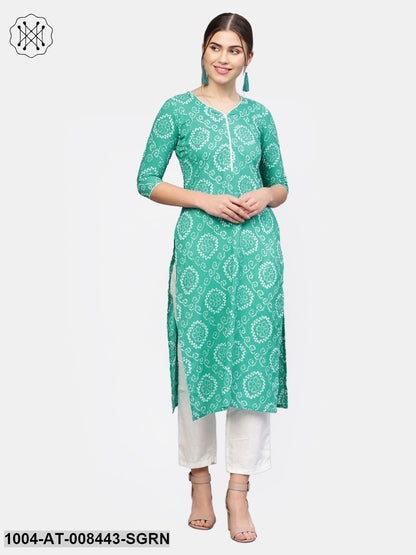 Sea Green Printed Half Sleeve Cotton Straight Kurta