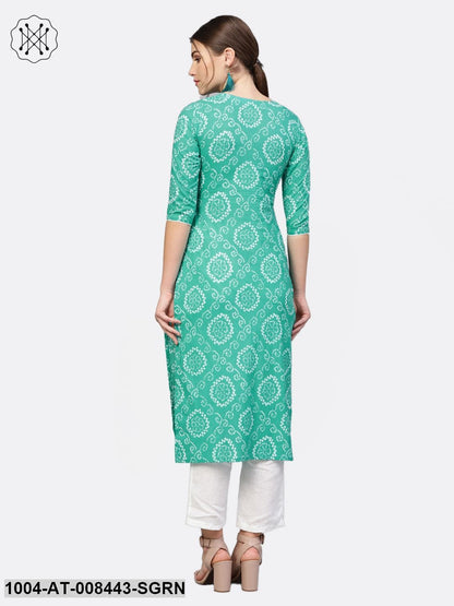 Sea Green Printed Half Sleeve Cotton Straight Kurta
