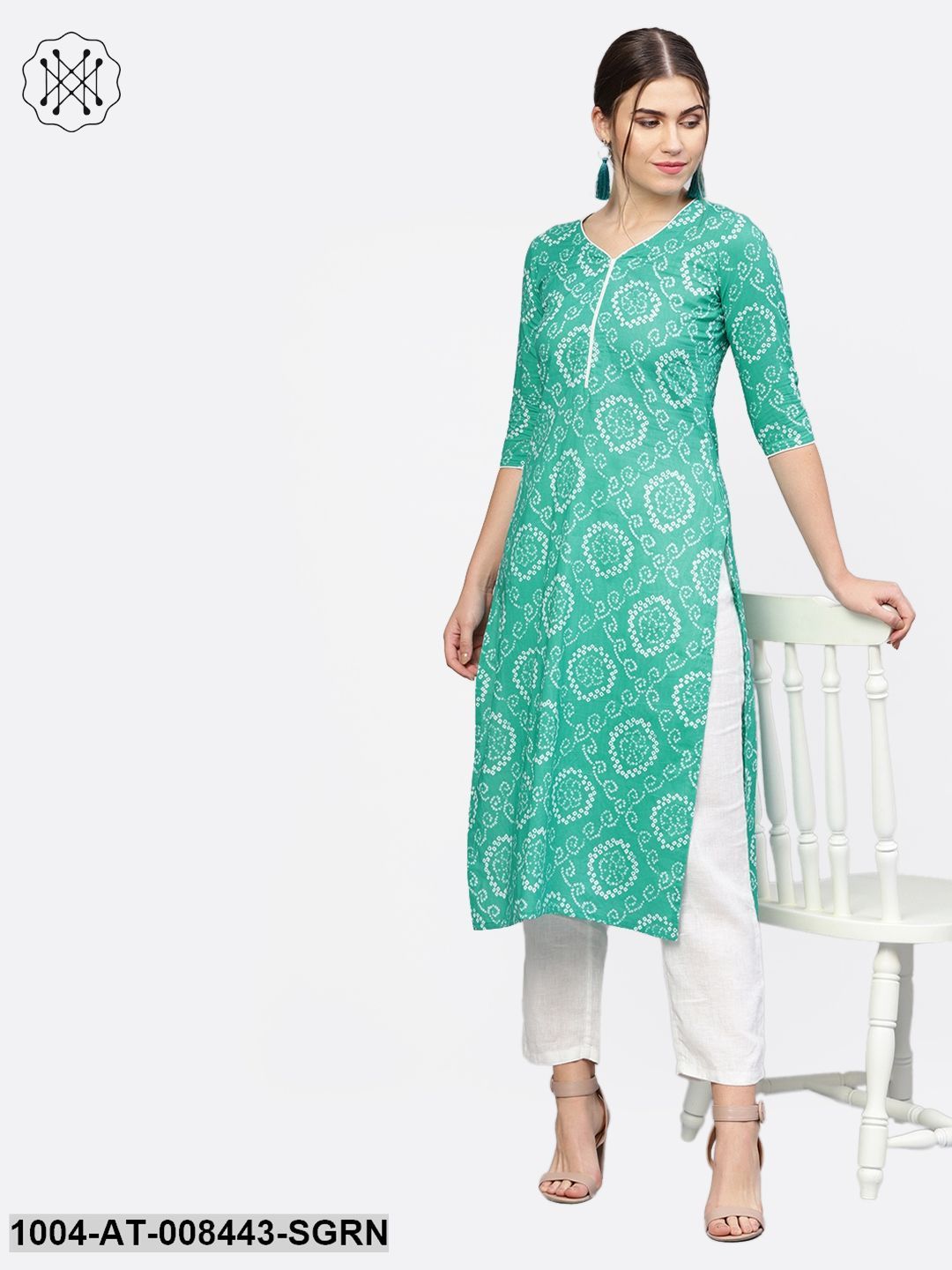 Sea Green Printed Half Sleeve Cotton Straight Kurta
