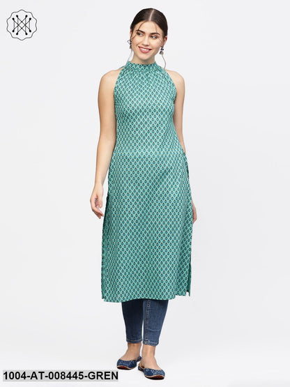 Green Printed High Slit Sleeveless Cotton Kurta