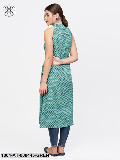 Green Printed High Slit Sleeveless Cotton Kurta