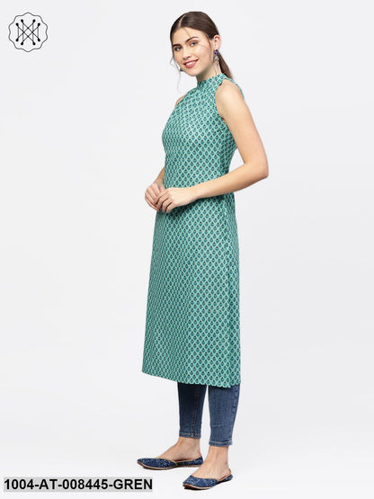 Green Printed High Slit Sleeveless Cotton Kurta