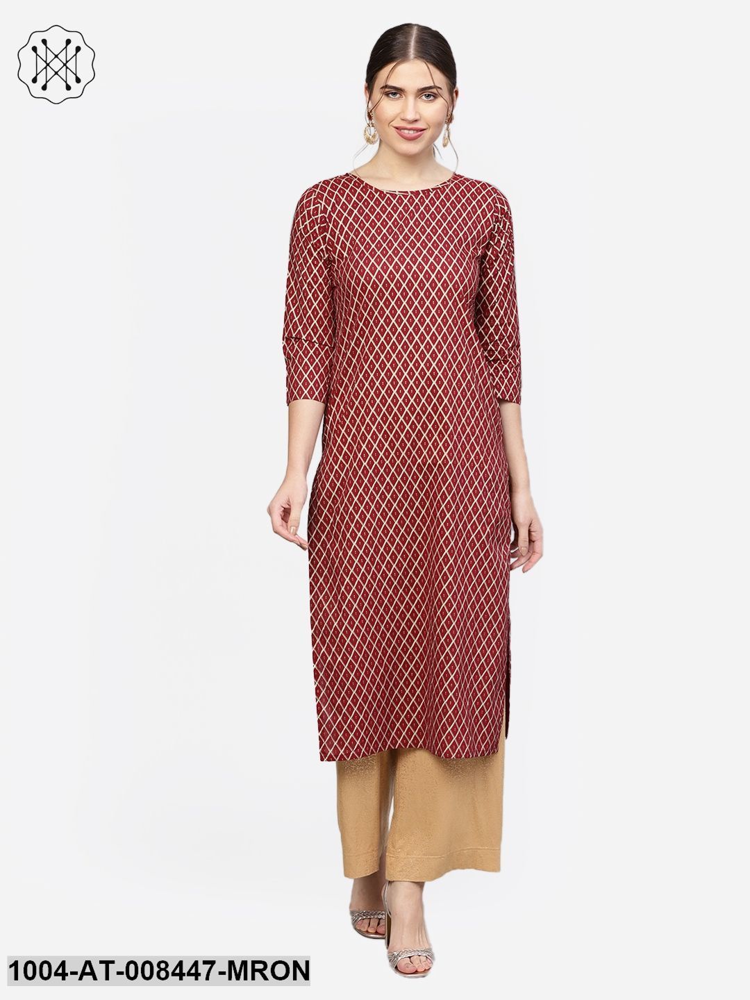 Maroon Checked 3/4Th Sleeve Straight Cotton Kurta