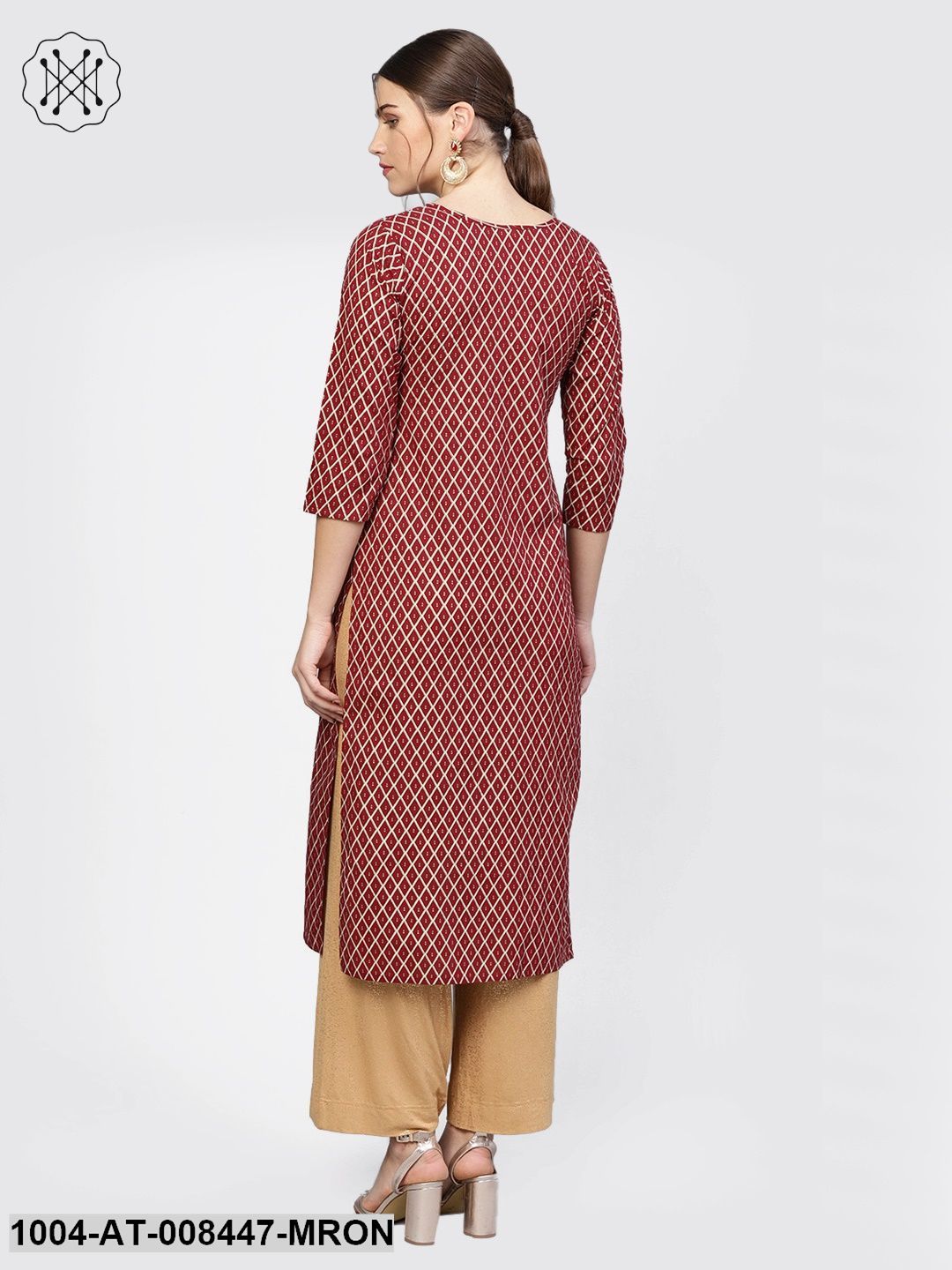 Maroon Checked 3/4Th Sleeve Straight Cotton Kurta