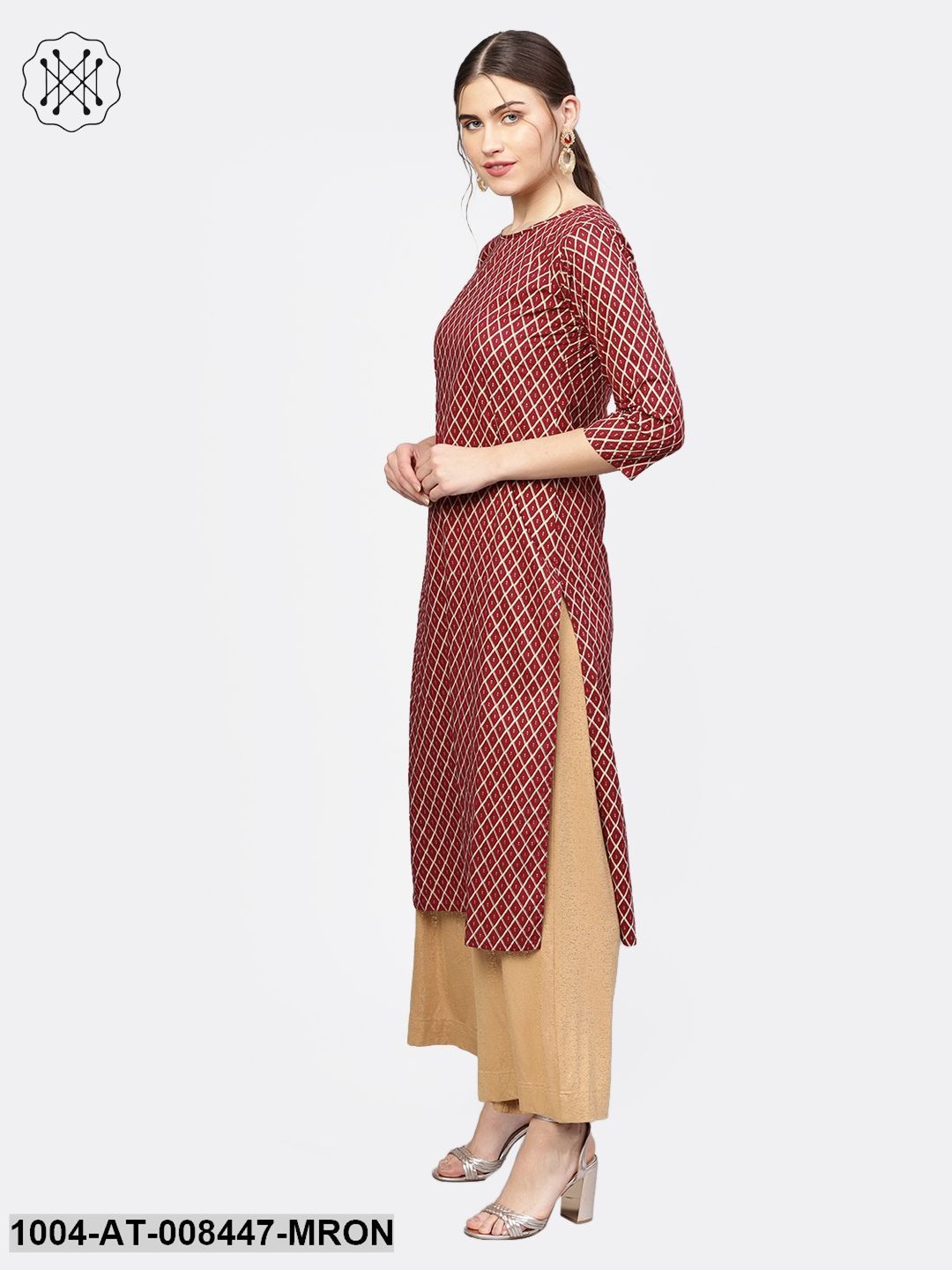 Maroon Checked 3/4Th Sleeve Straight Cotton Kurta