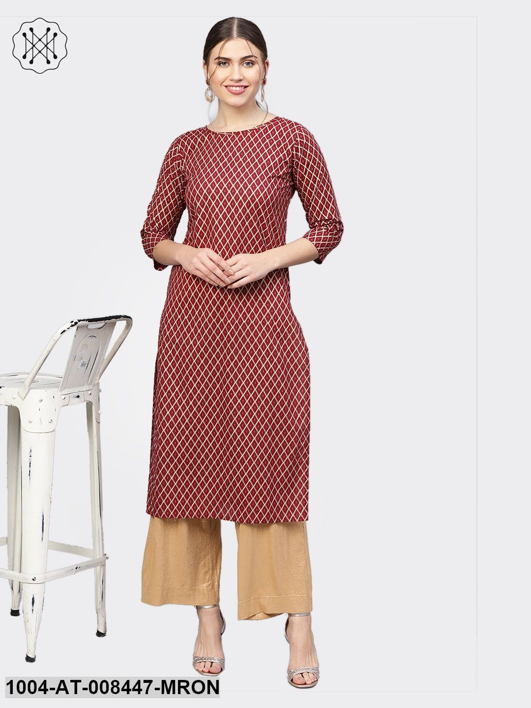 Maroon Checked 3/4Th Sleeve Straight Cotton Kurta
